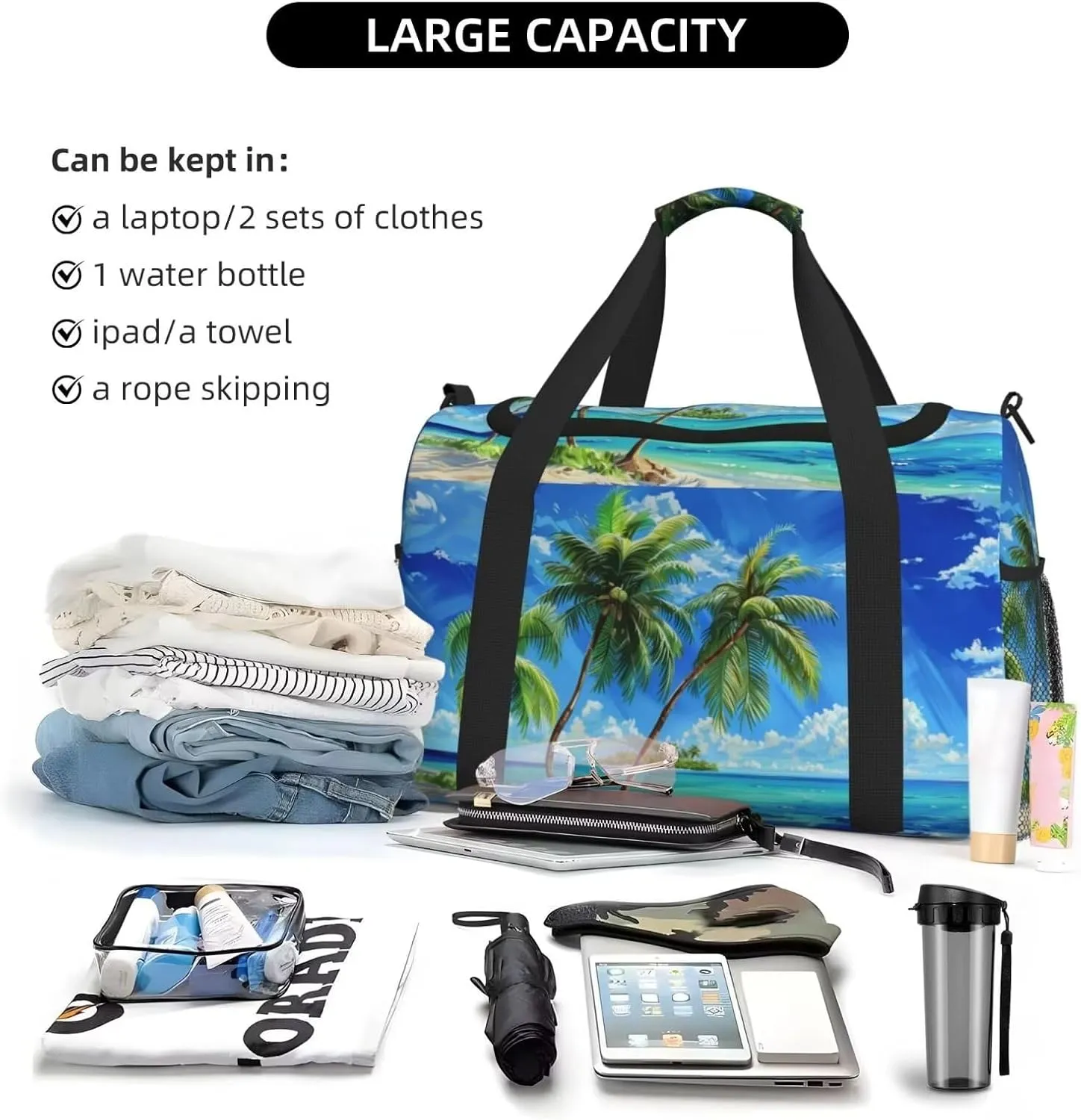 Travel Duffel Bag Palm Tree On Beach Weekender Overnight Bag for Women Men Green Leaf Blue Sky Pattern Carry on Personal Item Bag Gym Bag Tropical Botanical Ocean Coastal Yoga Gym Bag