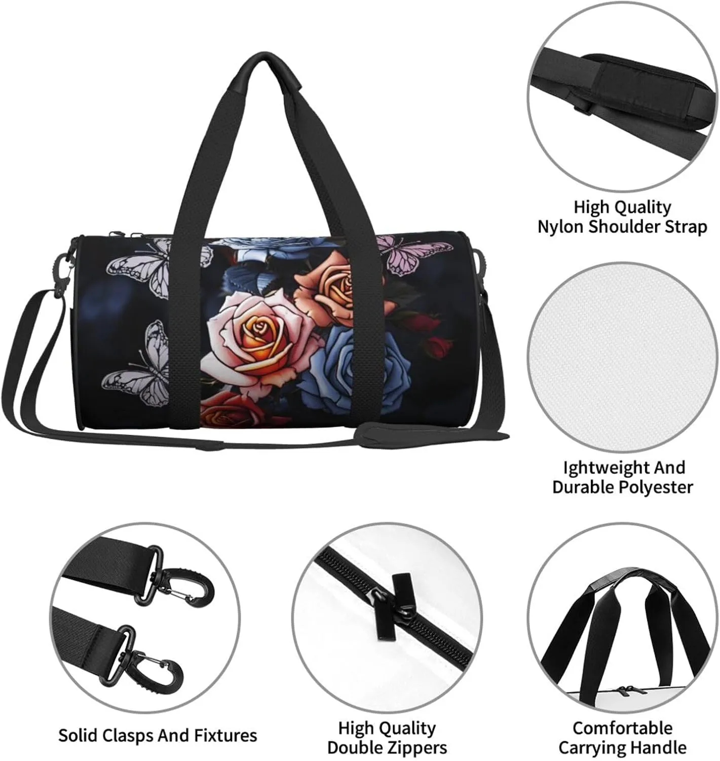 Travel Duffel Bag Roses And Butterflies Weekender Overnight Bag For Men Women Large Capacity Sports Gym Bag Canvas Carry On Tote Bags For Travel Yoga