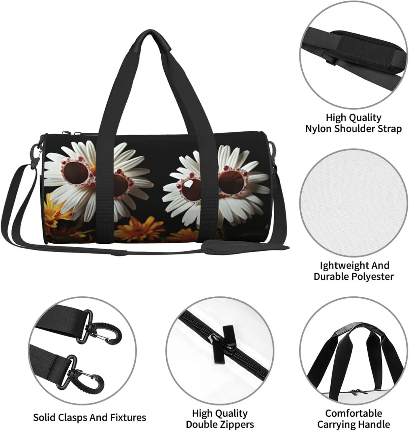 Travel Duffel Bag Two Daisies Wearing Sunglasses Weekender Overnight Bag For Men Women Large Capacity Sports Gym Bag Canvas Carry On Tote Bags For Travel Yoga