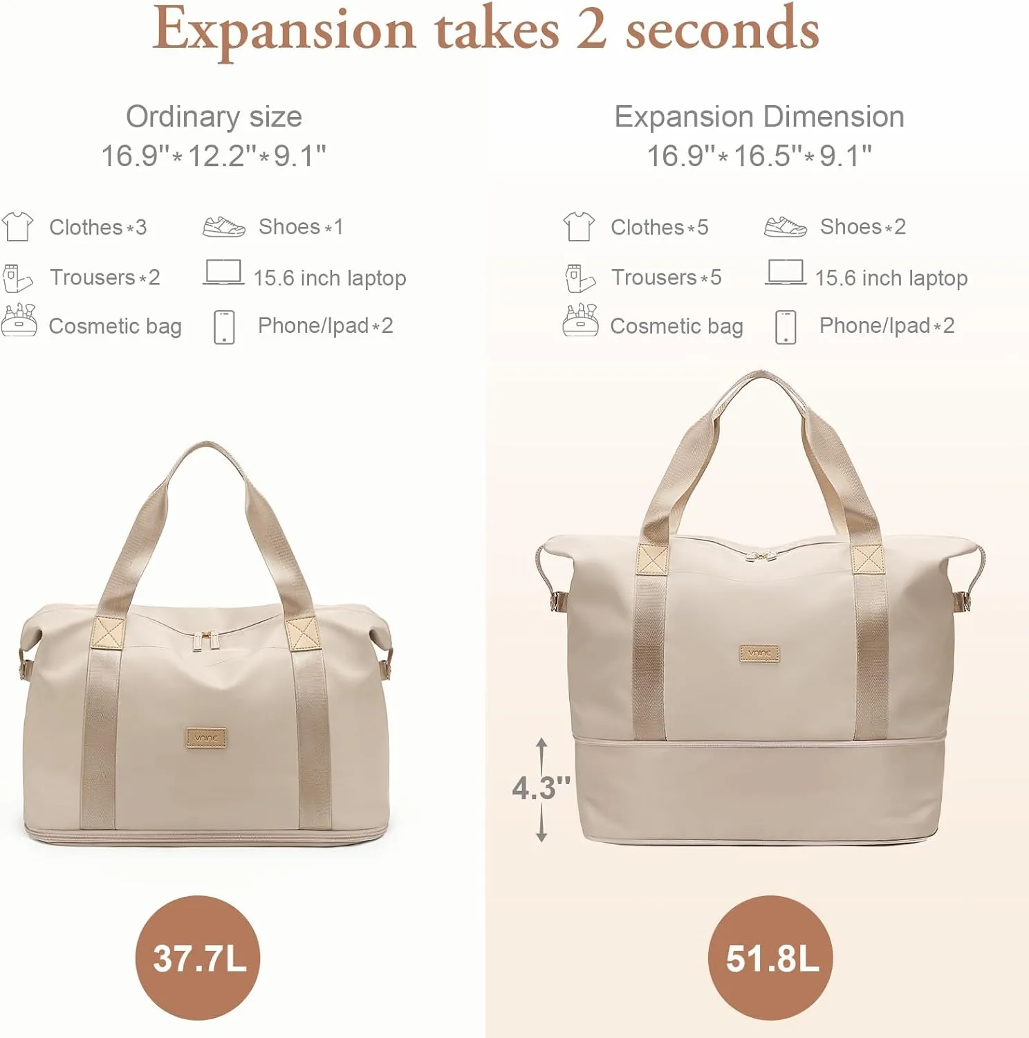 Travel Duffel Bags for Women Men Expandable Duffel Bag Tote Sport Bag Hospital Weekender Bag for Women Delivery Bags for Airplanes Beige