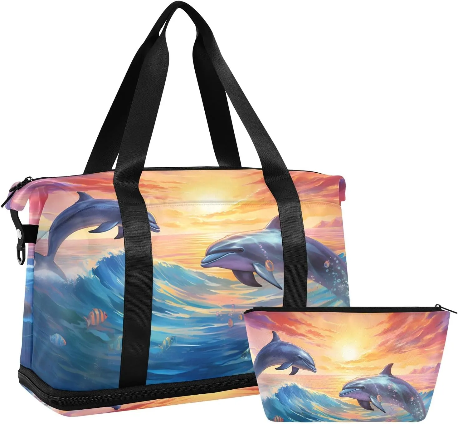 Travel Duffel Gym Sports Luggage Bag Expandable Large Capacity Dolphin Sunset Sports Bag for Women and Men