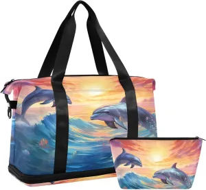 Travel Duffel Gym Sports Luggage Bag Expandable Large Capacity Dolphin Sunset Sports Bag for Women and Men