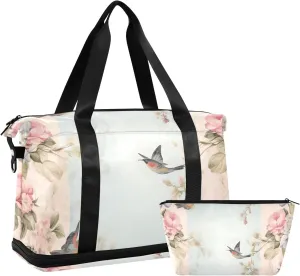 Travel Duffel Gym Sports Luggage Bag Expandable Large Capacity Floral Flower Bird Sports Bag for Women and Men