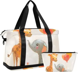 Travel Duffel Gym Sports Luggage Bag Expandable Large Capacity Giraffe Elephant Cartoon Sports Bag for Women and Men