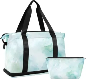Travel Duffel Gym Sports Luggage Bag Expandable Large Capacity Marble Aqua Watercolor Sports Bag for Women and Men