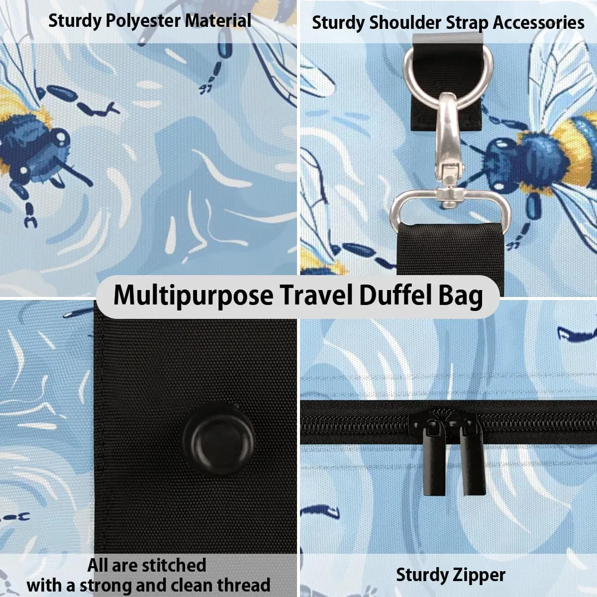 Travel Duffle Bag Bee Print Gym Bags for Men Women Travel Duffel Bags with Adjustable Shoulder Strap Carry On Weekender Bag