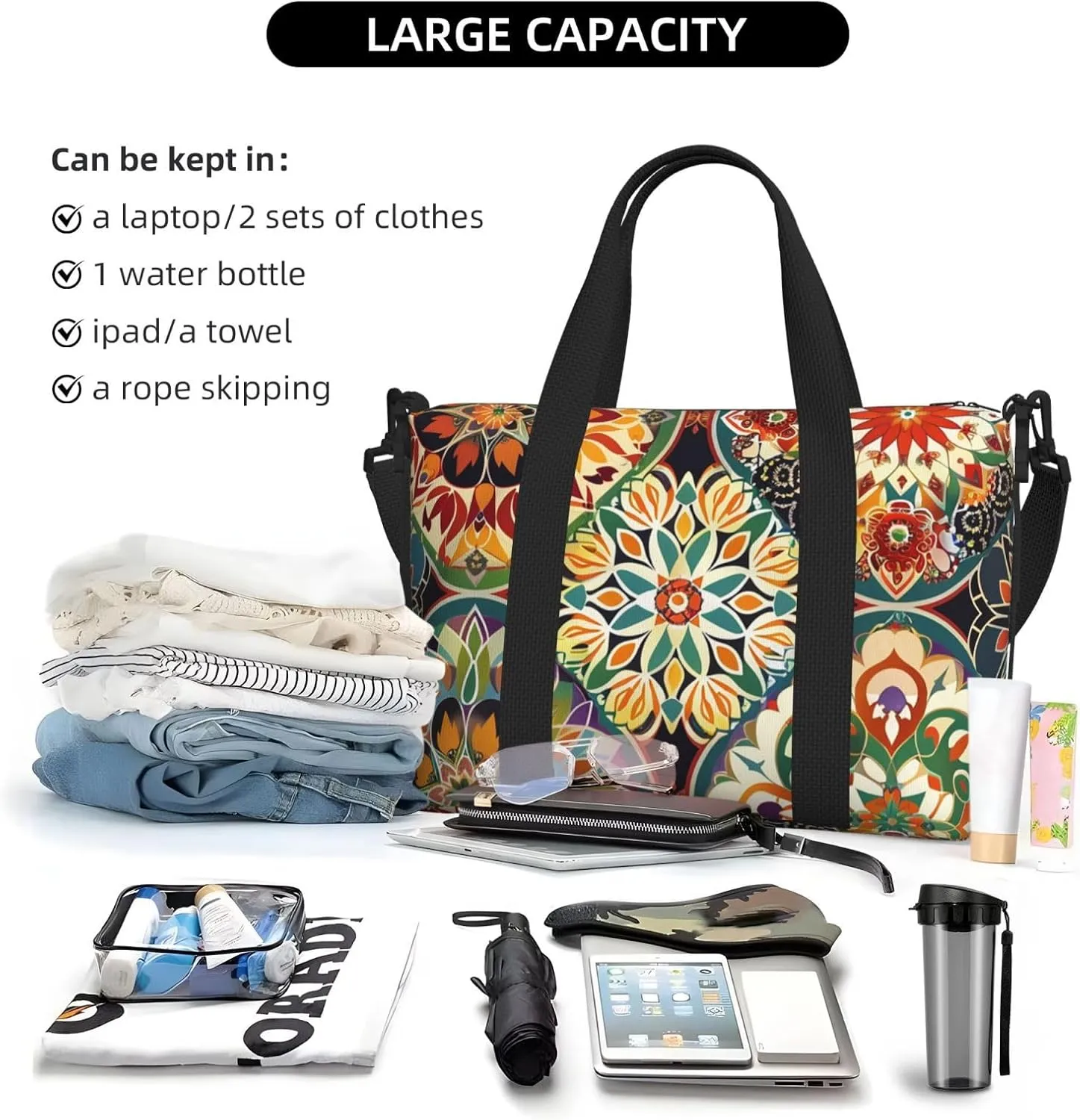 Travel Duffle Bag Boho Mandala Floral Weekender Overnight Bags Luggage Bag for Women Men Waterproof Sports Gym Bag Hand Bag with Shoulder Strap