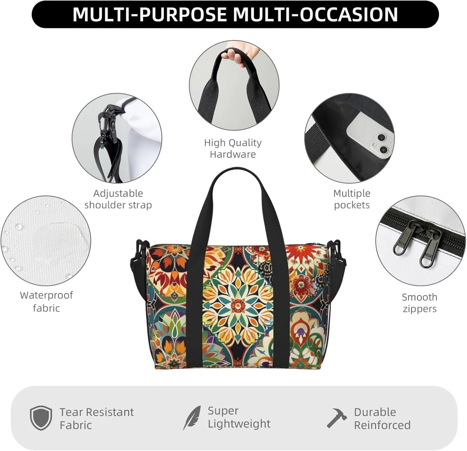 Travel Duffle Bag Boho Mandala Floral Weekender Overnight Bags Luggage Bag for Women Men Waterproof Sports Gym Bag Hand Bag with Shoulder Strap