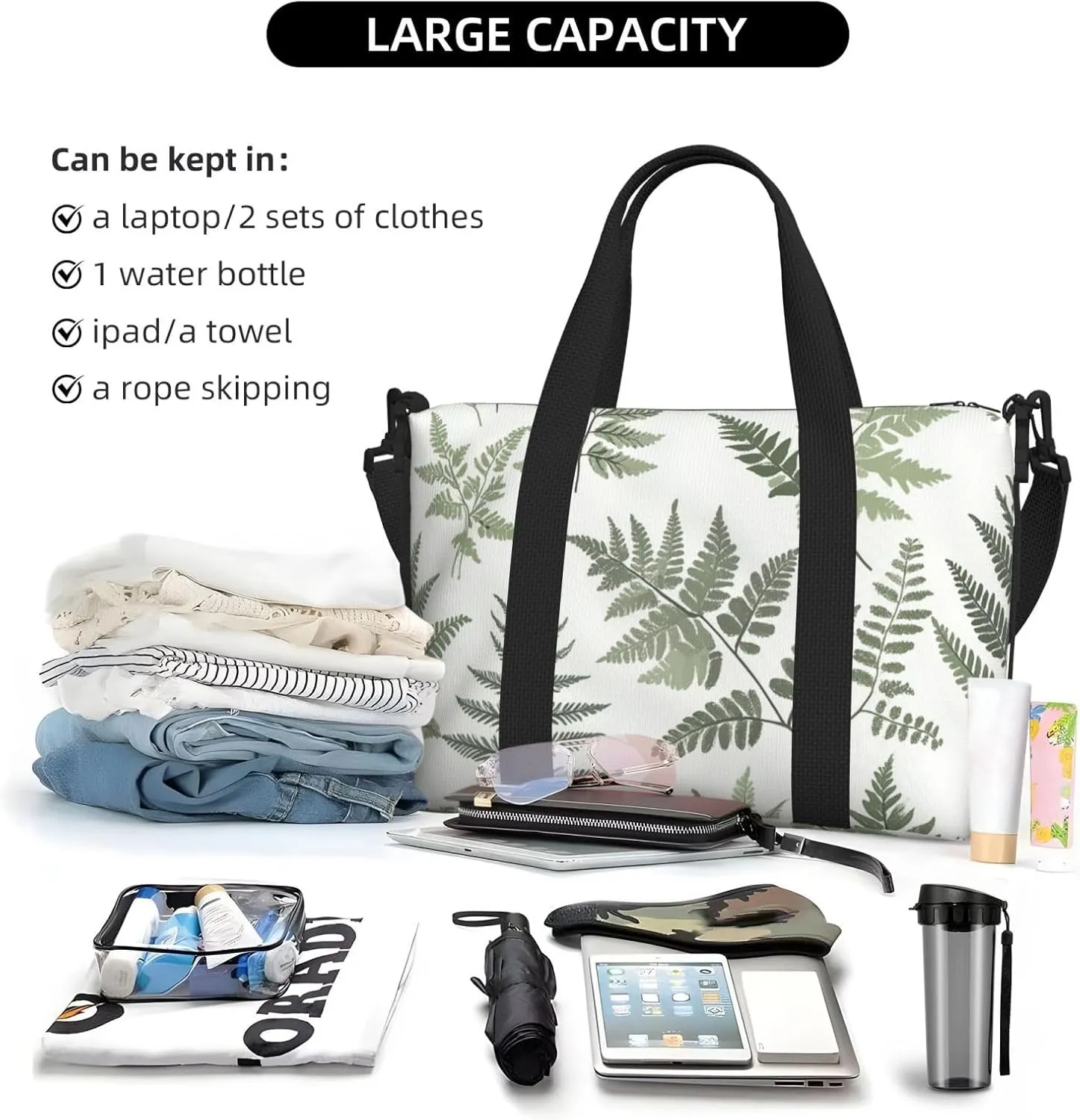 Travel Duffle Bag Ferns Leaves Pattern Weekender Overnight Bags Luggage Bag for Women Men Waterproof Sports Gym Bag Hand Bag with Shoulder Strap