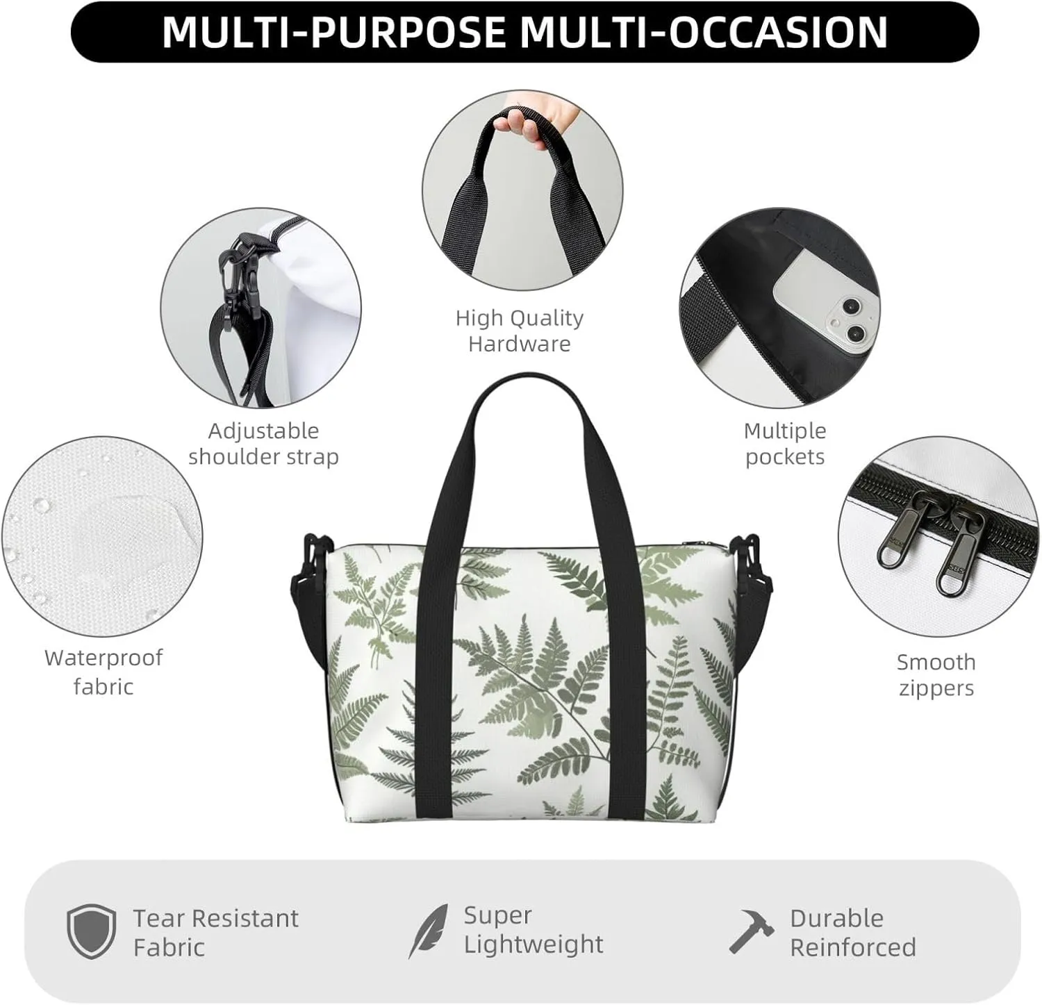 Travel Duffle Bag Ferns Leaves Pattern Weekender Overnight Bags Luggage Bag for Women Men Waterproof Sports Gym Bag Hand Bag with Shoulder Strap