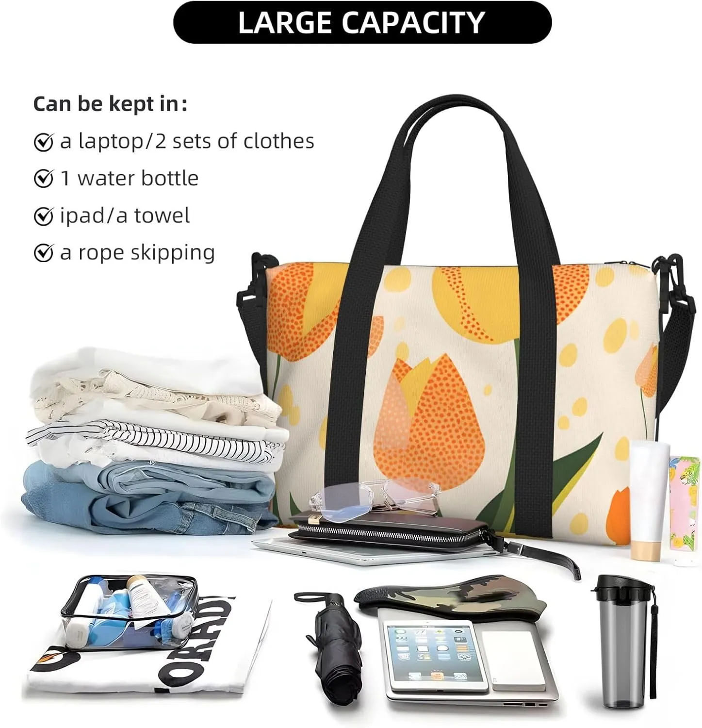 Travel Duffle Bag Flower Tulip Leaves Weekender Overnight Bags Luggage Bag for Women Men Waterproof Sports Gym Bag Hand Bag with Shoulder Strap