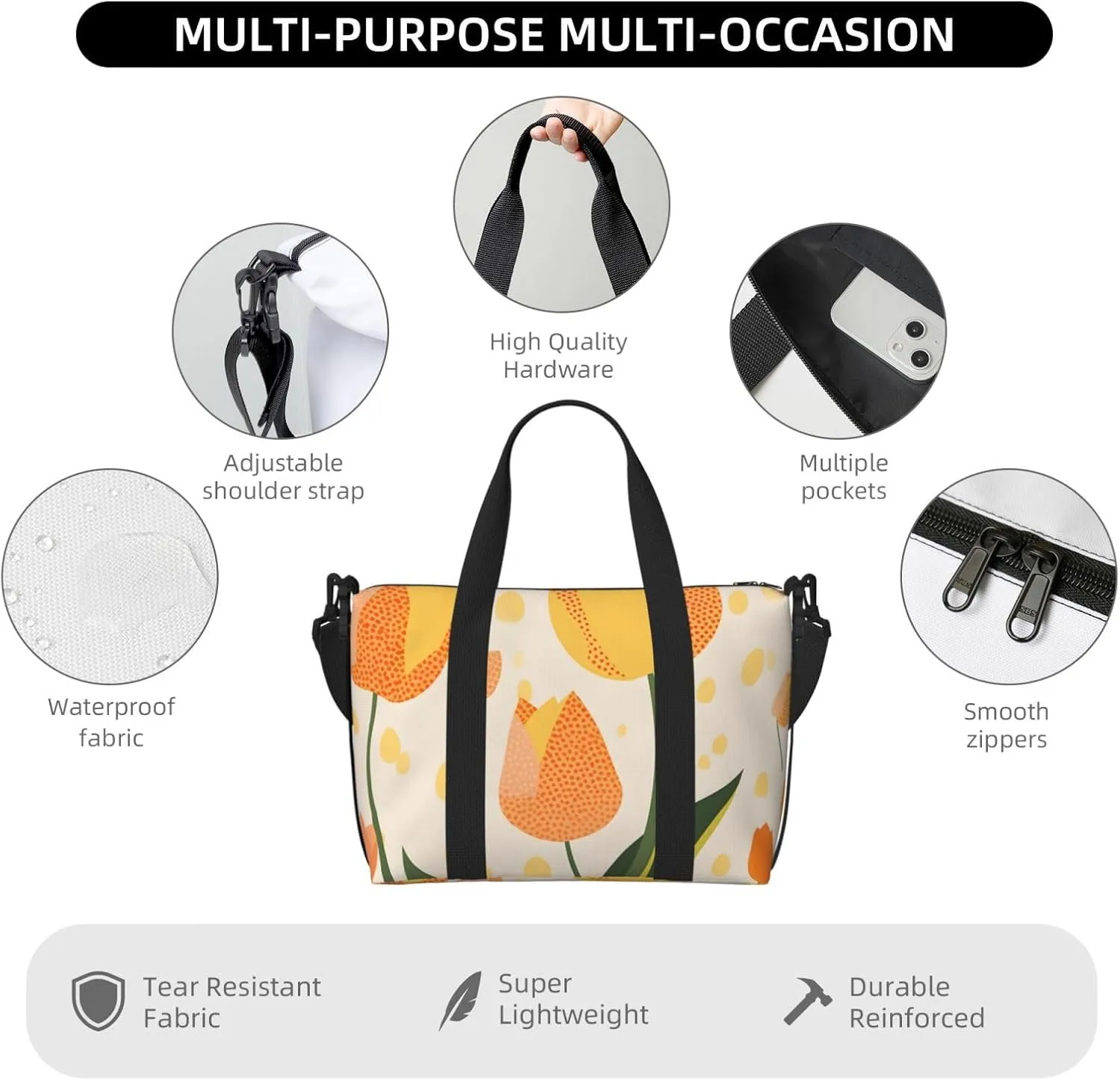 Travel Duffle Bag Flower Tulip Leaves Weekender Overnight Bags Luggage Bag for Women Men Waterproof Sports Gym Bag Hand Bag with Shoulder Strap