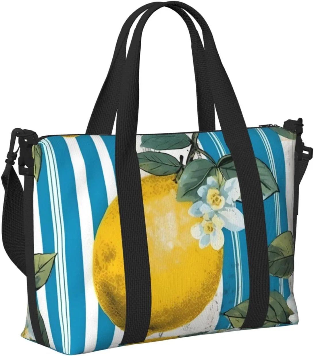 Travel Duffle Bag Lemon Floral Stripe Weekender Overnight Bags Luggage Bag for Women Men Waterproof Sports Gym Bag Hand Bag with Shoulder Strap