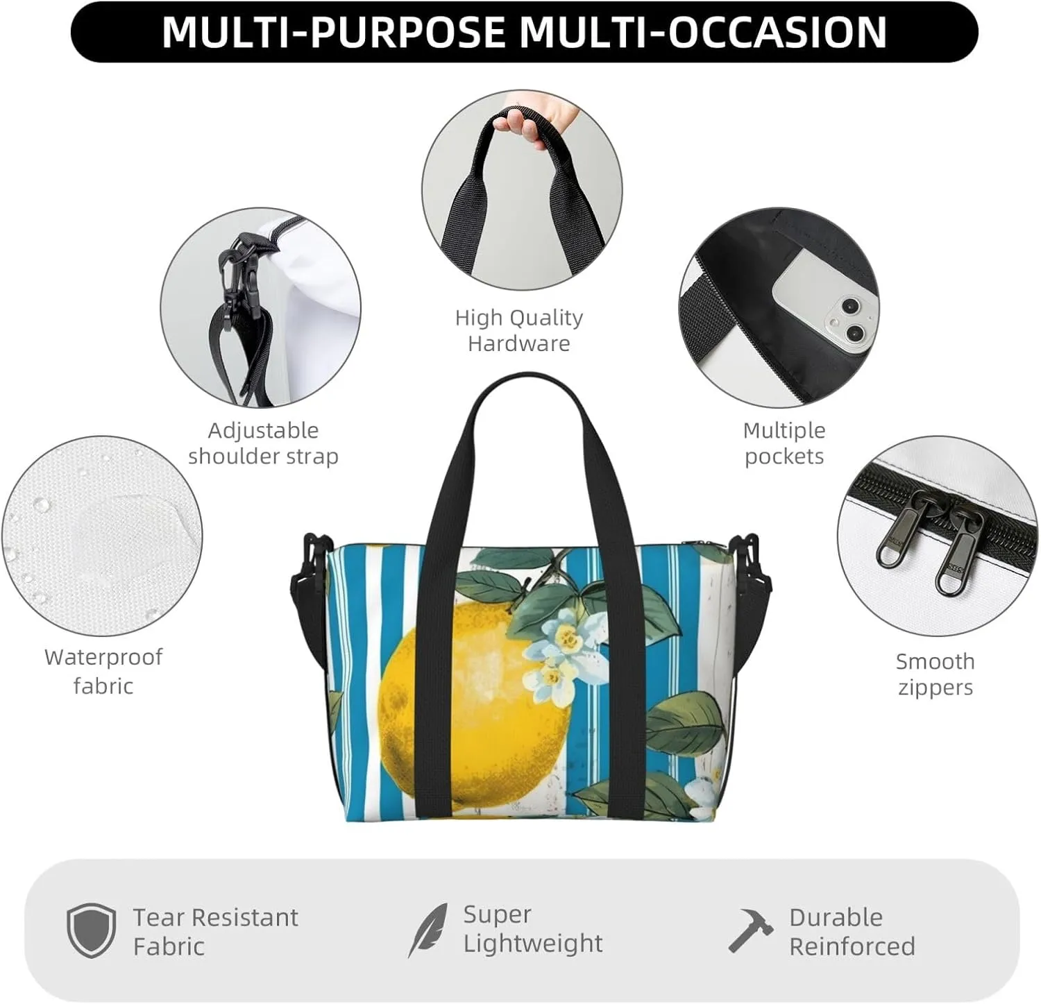 Travel Duffle Bag Lemon Floral Stripe Weekender Overnight Bags Luggage Bag for Women Men Waterproof Sports Gym Bag Hand Bag with Shoulder Strap