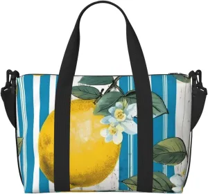 Travel Duffle Bag Lemon Floral Stripe Weekender Overnight Bags Luggage Bag for Women Men Waterproof Sports Gym Bag Hand Bag with Shoulder Strap