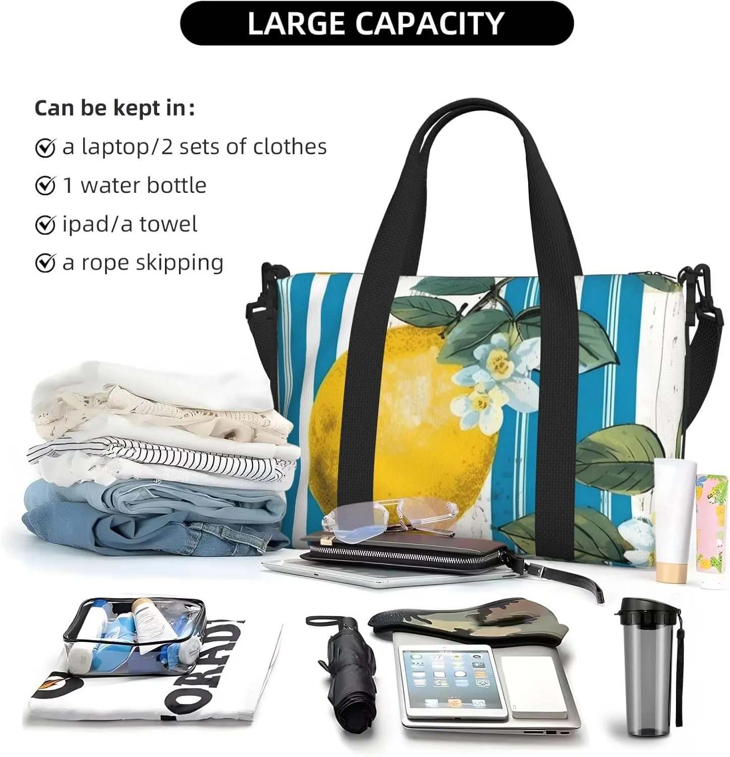 Travel Duffle Bag Lemon Floral Stripe Weekender Overnight Bags Luggage Bag for Women Men Waterproof Sports Gym Bag Hand Bag with Shoulder Strap