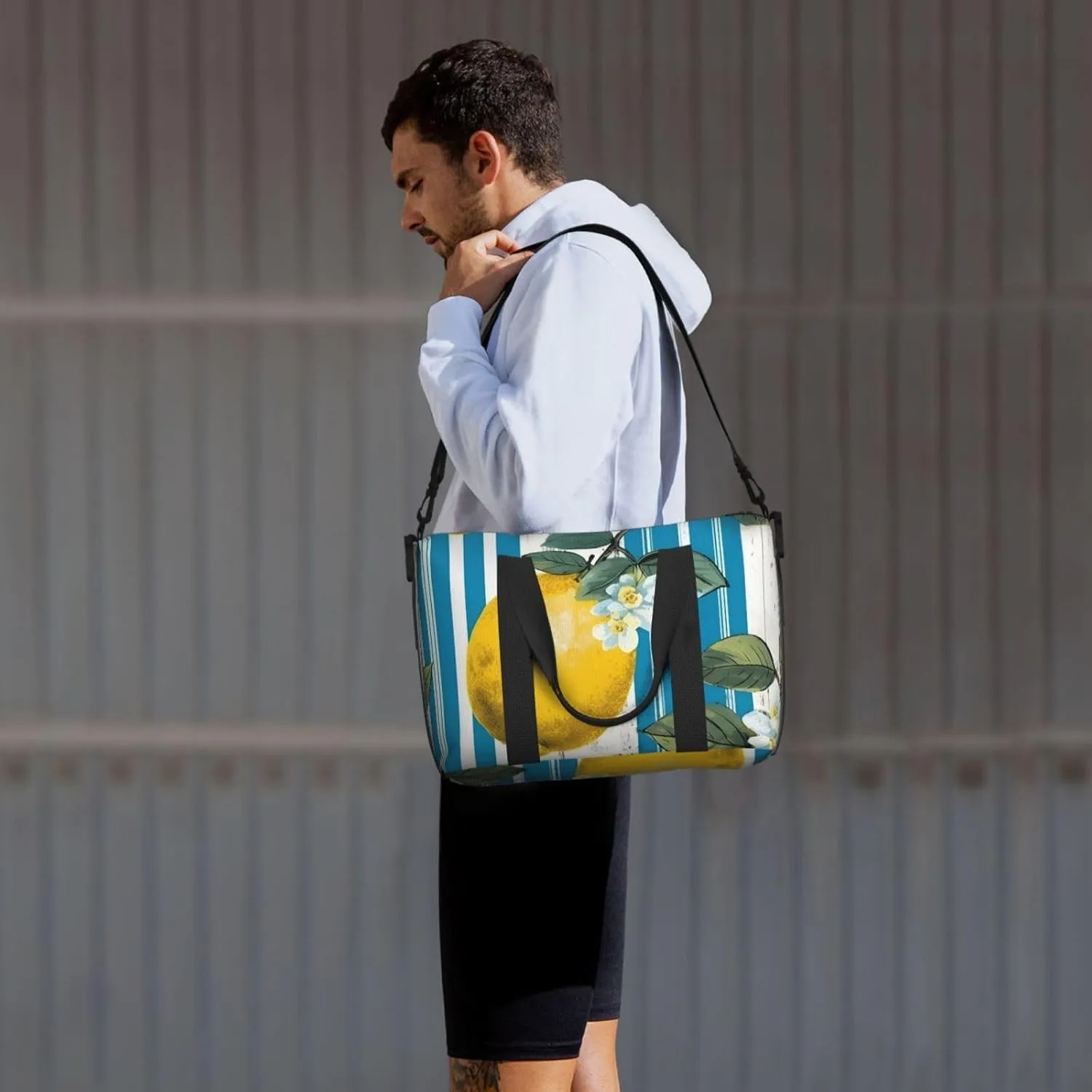 Travel Duffle Bag Lemon Floral Stripe Weekender Overnight Bags Luggage Bag for Women Men Waterproof Sports Gym Bag Hand Bag with Shoulder Strap