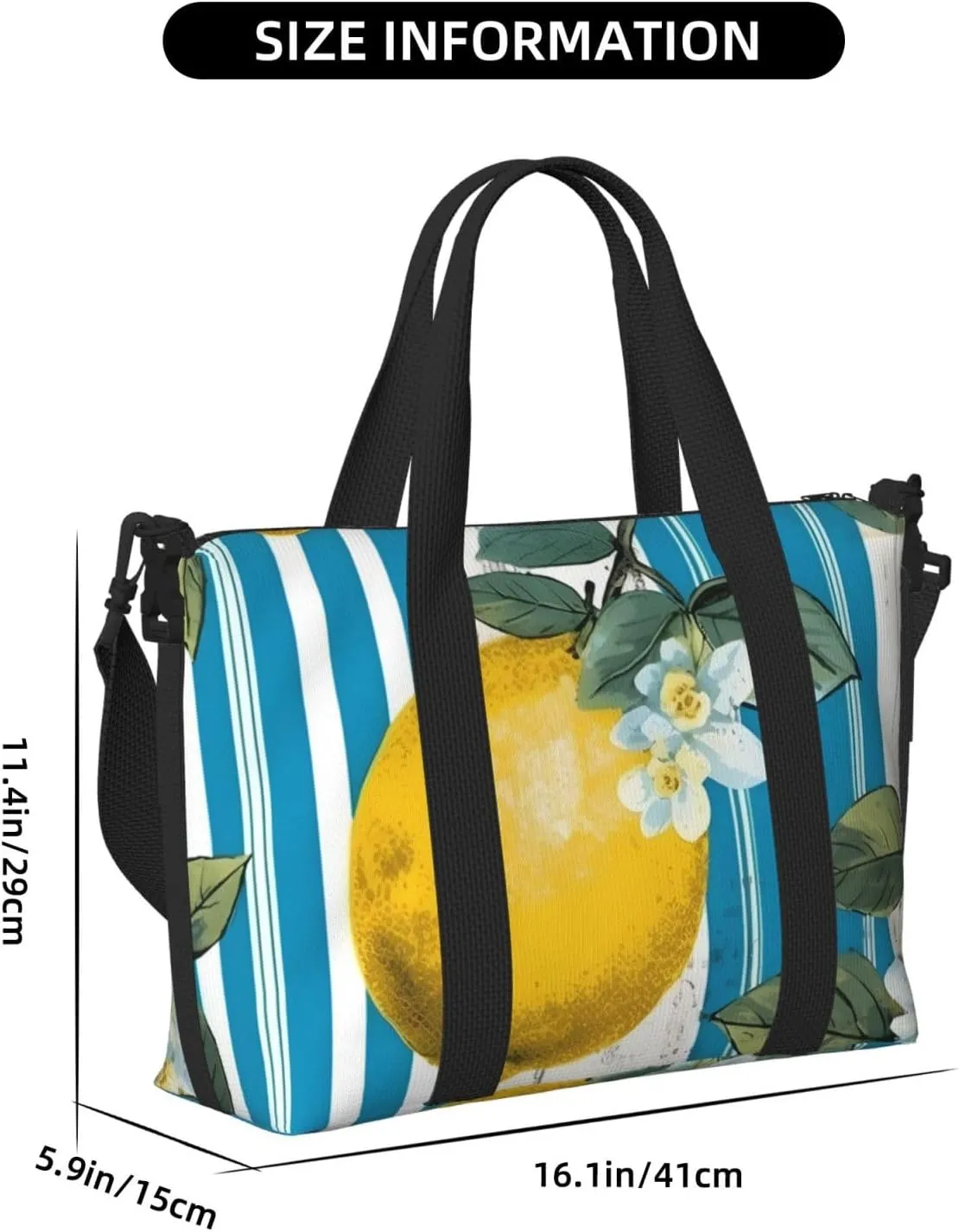 Travel Duffle Bag Lemon Floral Stripe Weekender Overnight Bags Luggage Bag for Women Men Waterproof Sports Gym Bag Hand Bag with Shoulder Strap