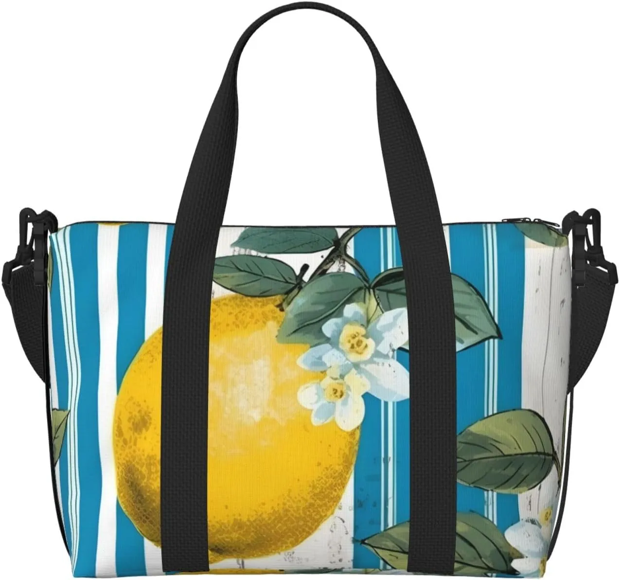 Travel Duffle Bag Lemon Floral Stripe Weekender Overnight Bags Luggage Bag for Women Men Waterproof Sports Gym Bag Hand Bag with Shoulder Strap