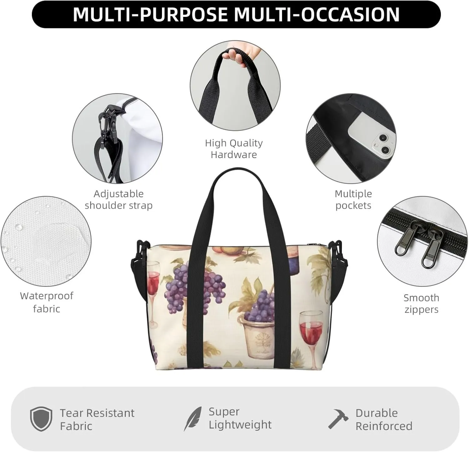 Travel Duffle Bag Retro Wine Grape Weekender Overnight Bags Luggage Bag for Women Men Waterproof Sports Gym Bag Hand Bag with Shoulder Strap