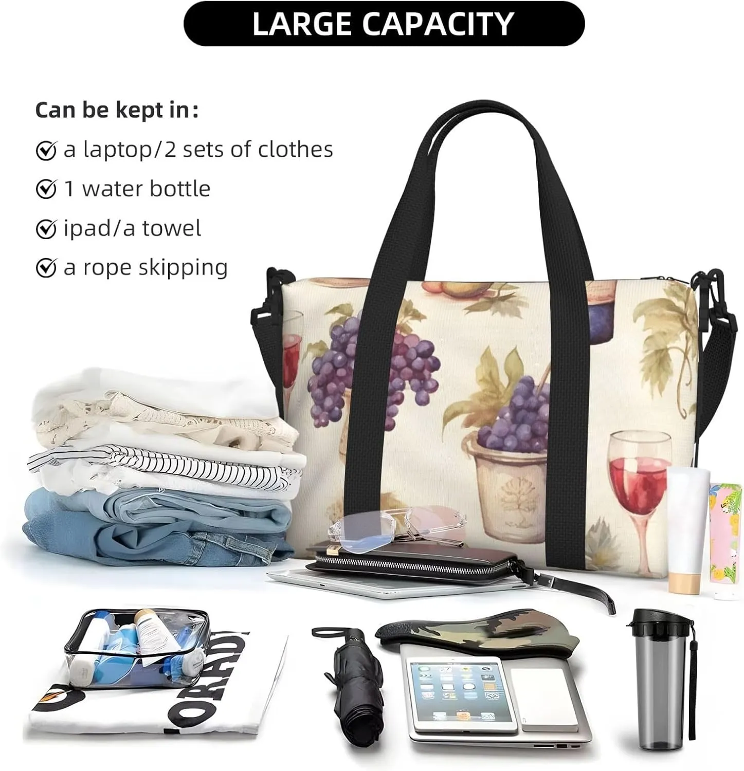 Travel Duffle Bag Retro Wine Grape Weekender Overnight Bags Luggage Bag for Women Men Waterproof Sports Gym Bag Hand Bag with Shoulder Strap