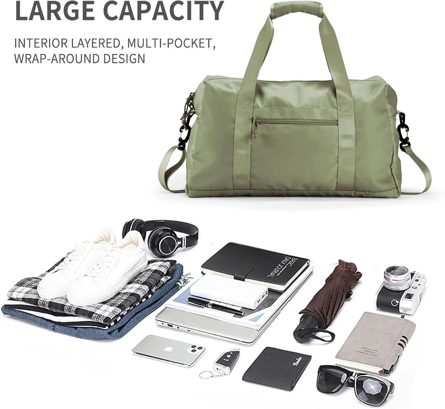 Travel Duffle Bag,Sport Gym Bag for Men And Women with Wet Pocket,Weekender Bag Carry On Tote Bags for Airplane Army Green