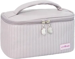 Travel Makeup Bag, Top Open Makeup Case with Handle, Portable Cosmetic Bag with Brush Holder, Soft PU Leather Toiletry Bag for Women, Light Purple
