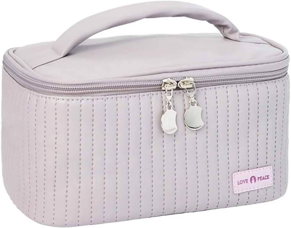 Travel Makeup Bag, Top Open Makeup Case with Handle, Portable Cosmetic Bag with Brush Holder, Soft PU Leather Toiletry Bag for Women, Light Purple