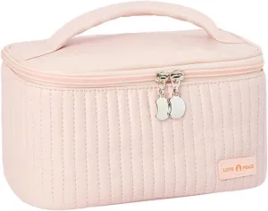 Travel Makeup Bag, Top Open Makeup Case with Handle, Portable Cosmetic Bag with Brush Holder, Soft PU Leather Toiletry Bag for Women, Pink