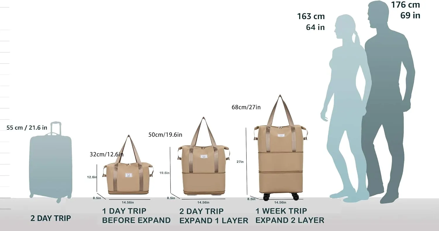 Travel Rolling Duffel Bag with Removable Wheels,Expandable Foldable Carry-On Luggage for Trip or Hospitalization