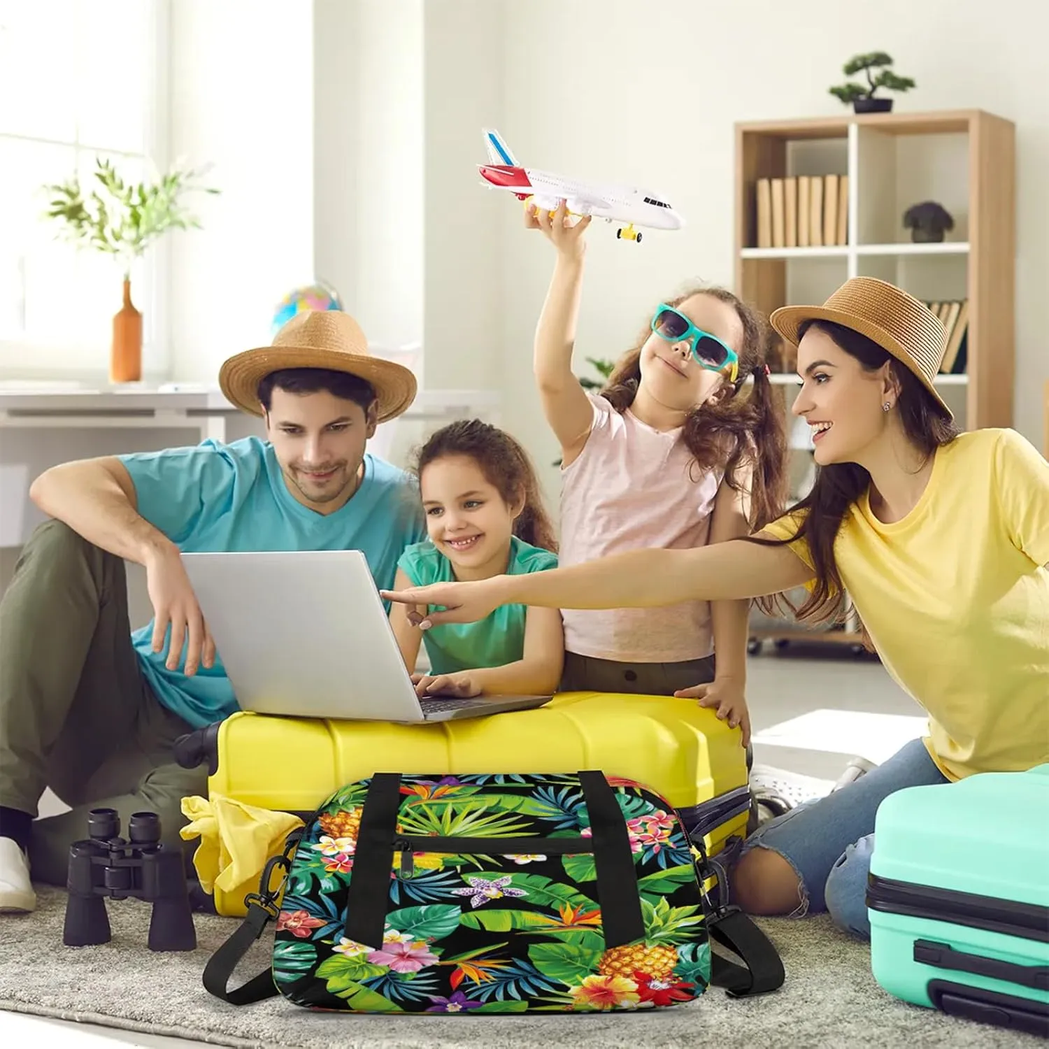 Tropical Flower Palm Leaf Pattern Kids Duffel Bag Lightweight Waterproof Sports Gym Bag with Front Zipper Pocket Foldable Weekender Overnight Bag for School Practice Gymnastic Ballet