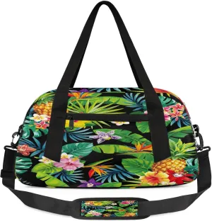 Tropical Flower Palm Leaf Pattern Kids Duffel Bag Lightweight Waterproof Sports Gym Bag with Front Zipper Pocket Foldable Weekender Overnight Bag for School Practice Gymnastic Ballet