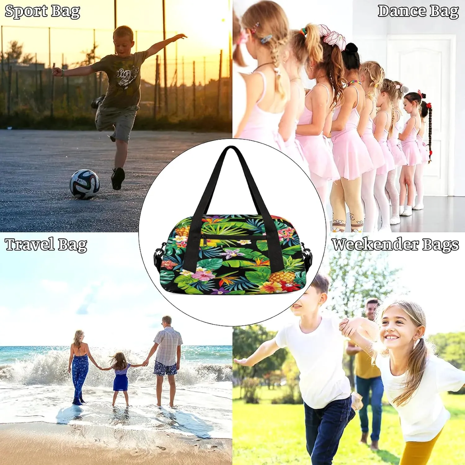 Tropical Flower Palm Leaf Pattern Kids Duffel Bag Lightweight Waterproof Sports Gym Bag with Front Zipper Pocket Foldable Weekender Overnight Bag for School Practice Gymnastic Ballet