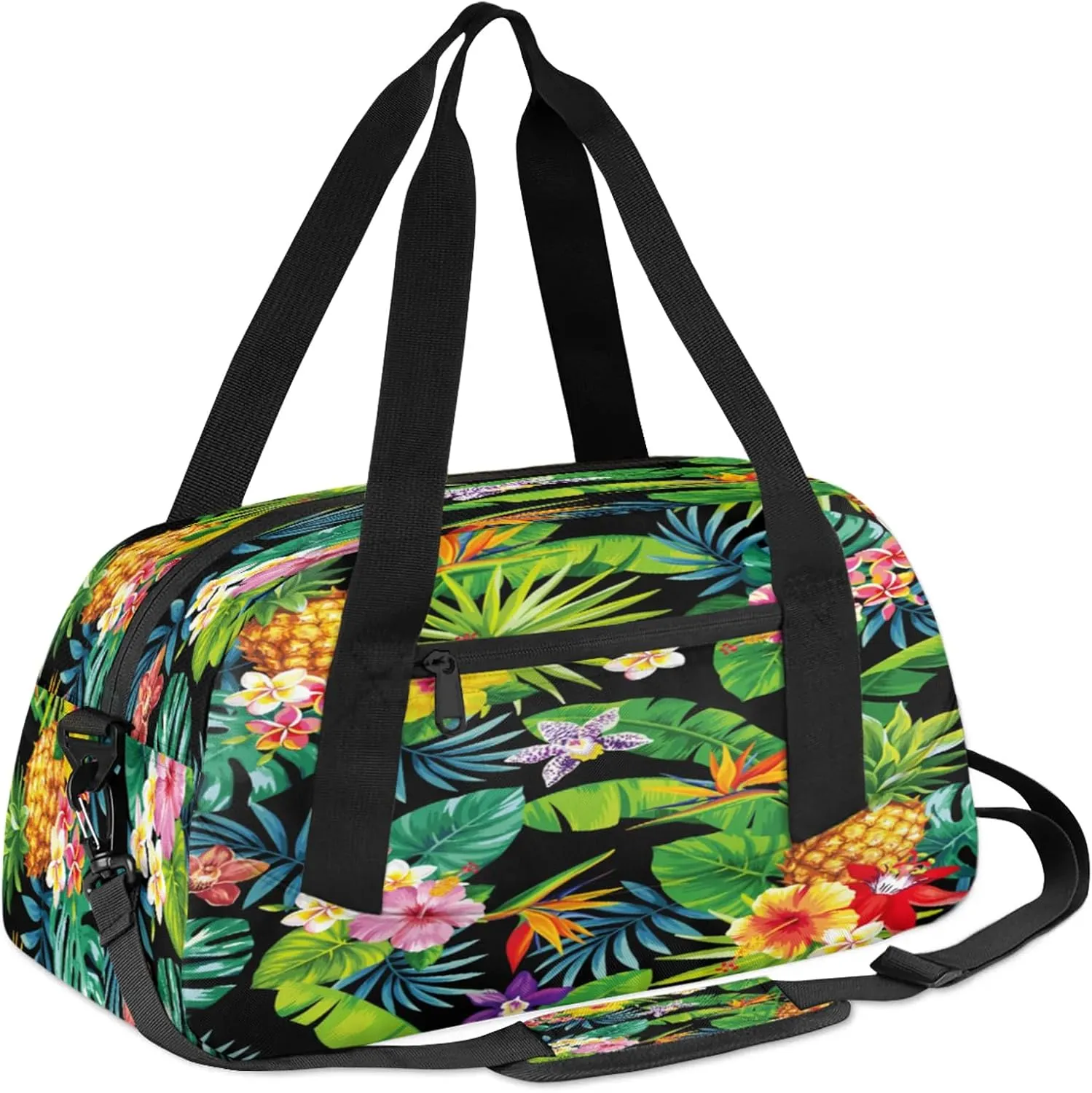 Tropical Flower Palm Leaf Pattern Kids Duffel Bag Lightweight Waterproof Sports Gym Bag with Front Zipper Pocket Foldable Weekender Overnight Bag for School Practice Gymnastic Ballet