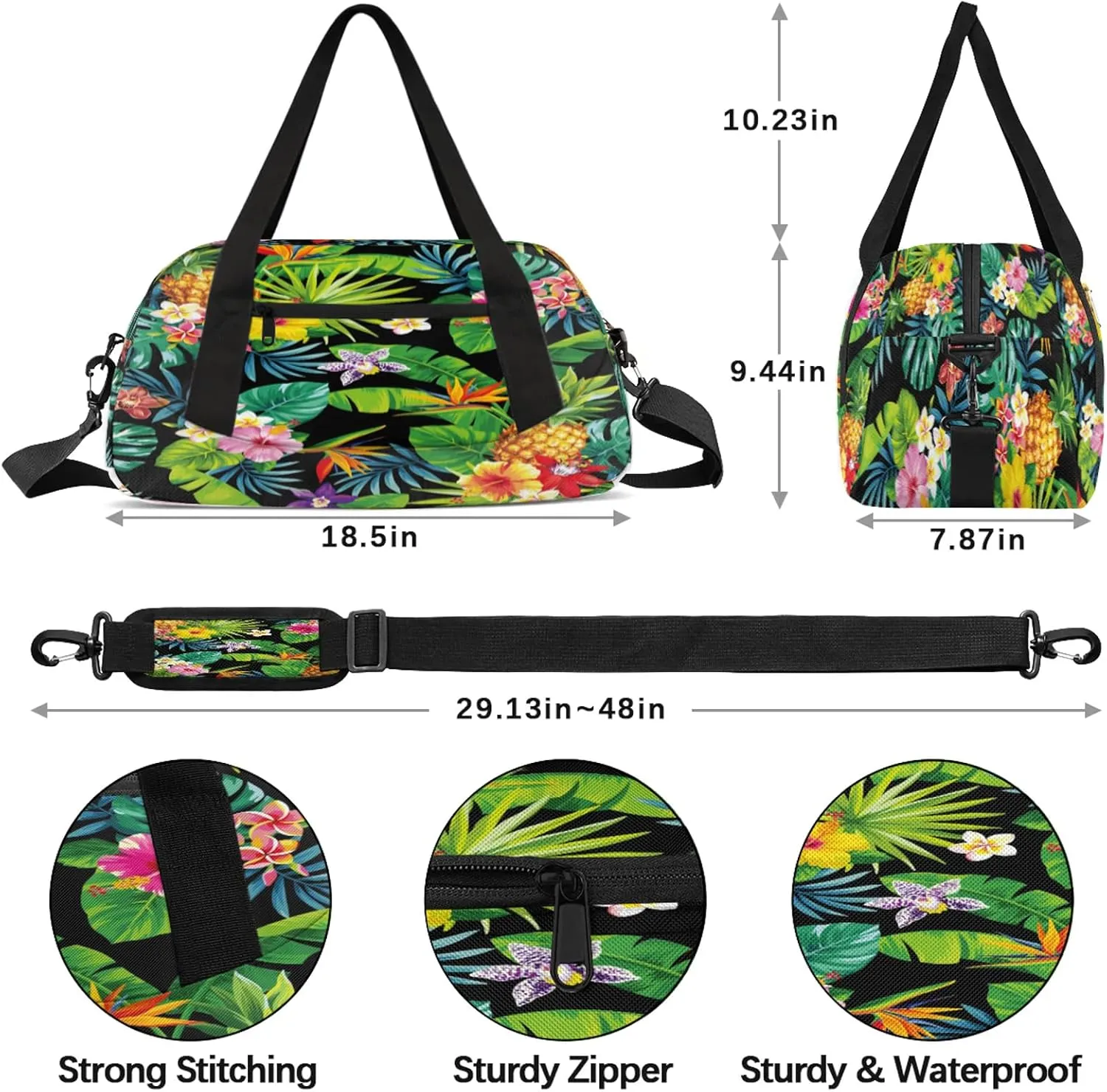 Tropical Flower Palm Leaf Pattern Kids Duffel Bag Lightweight Waterproof Sports Gym Bag with Front Zipper Pocket Foldable Weekender Overnight Bag for School Practice Gymnastic Ballet