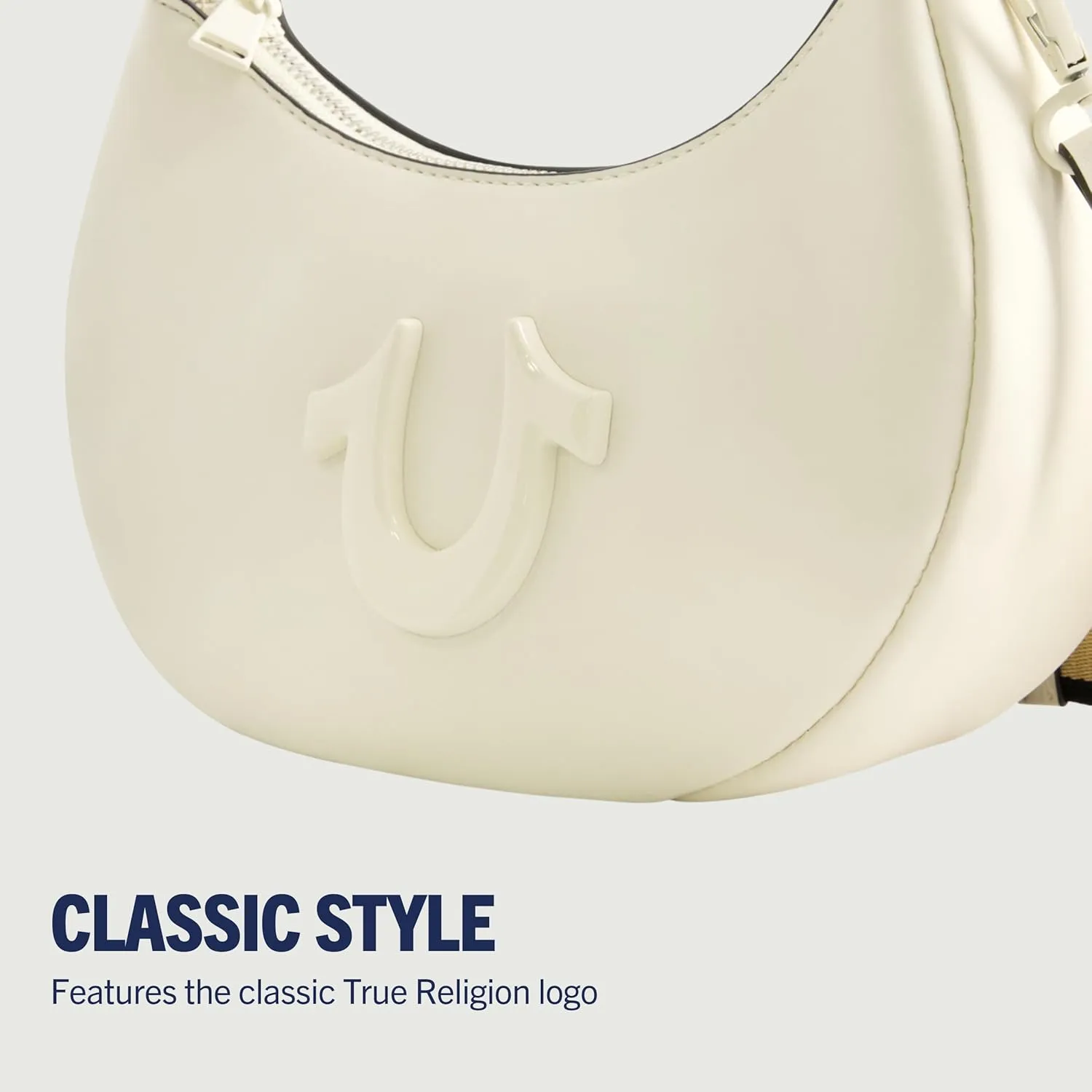 True Religion Women's Shoulder Bag Purse, Crescent Hobo Handbag with Adjustable Removable Strap and Horseshoe Logo