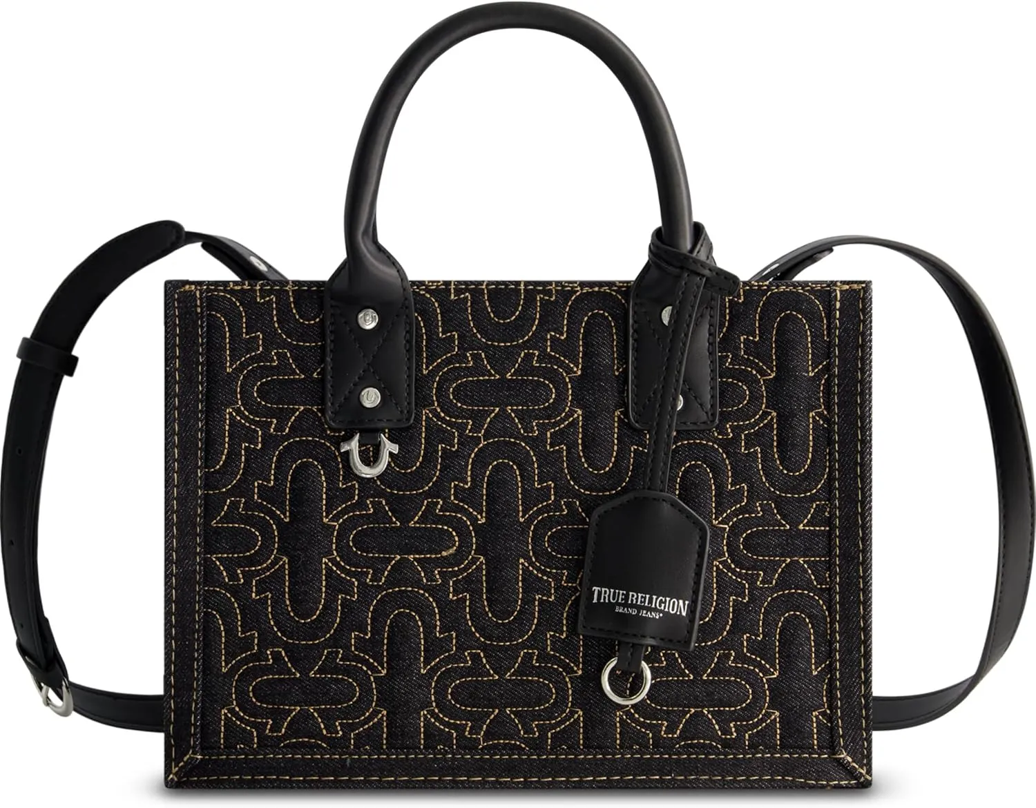True Religion Women's Tote Bag, Quilted Horseshoe Travel Shoulder Handbag with Adjustable Crossbody Strap