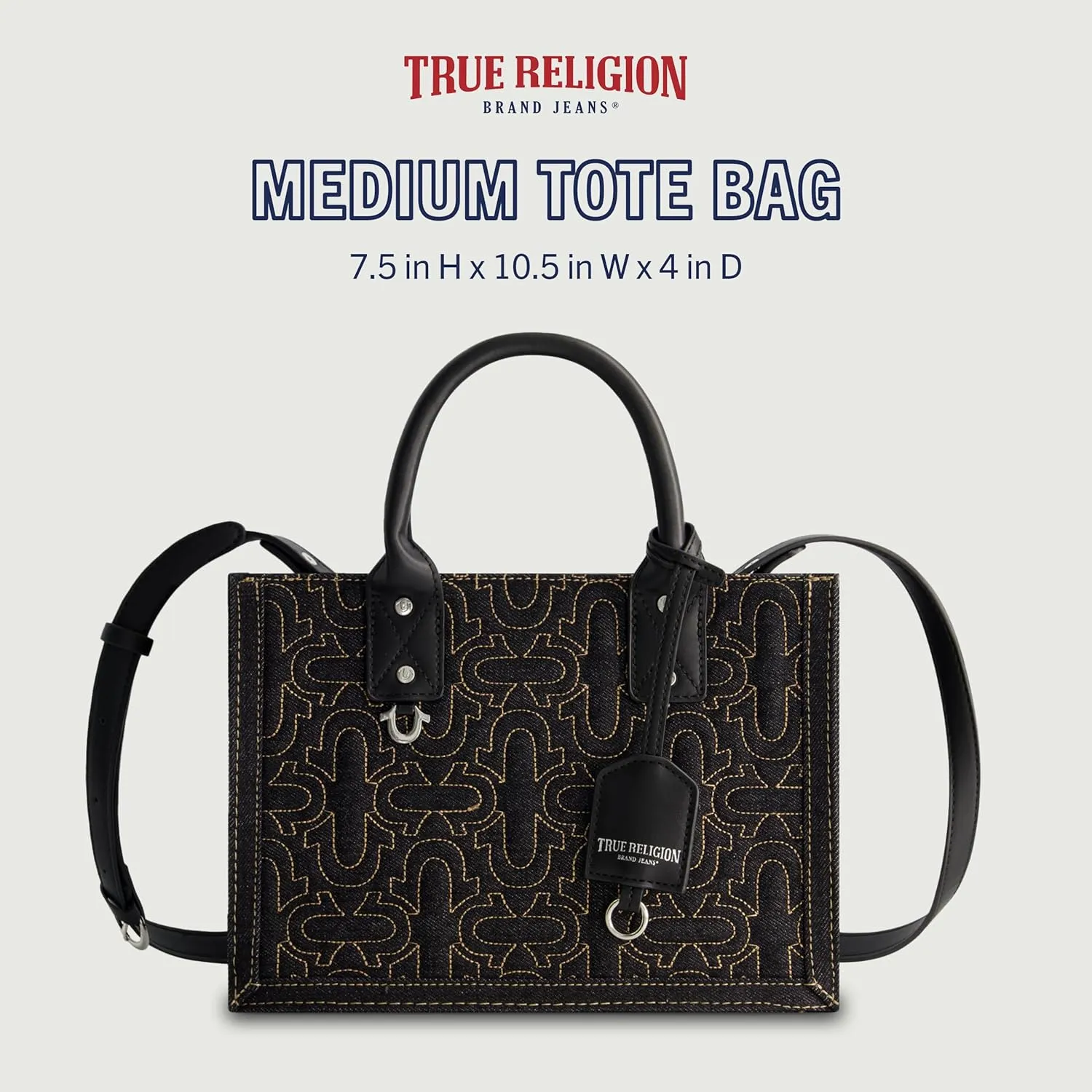 True Religion Women's Tote Bag, Quilted Horseshoe Travel Shoulder Handbag with Adjustable Crossbody Strap