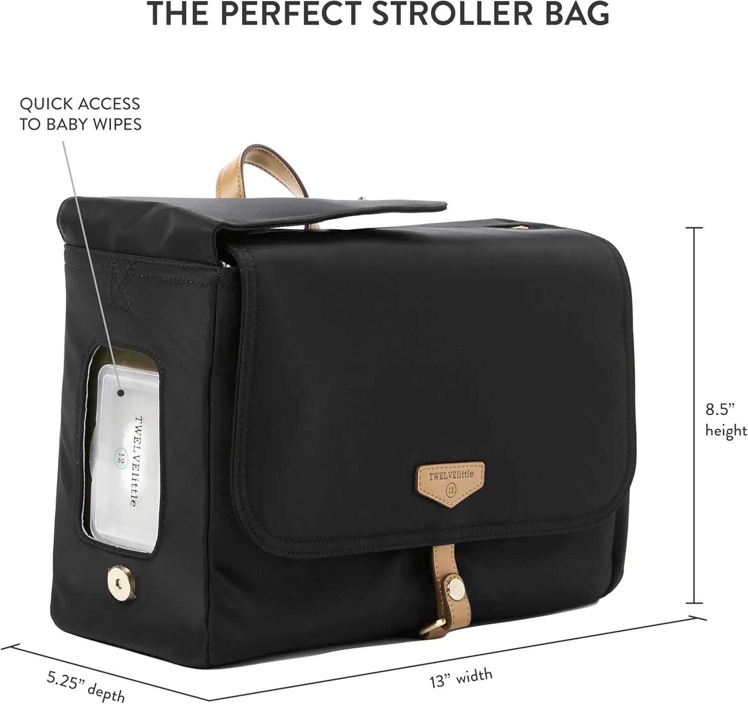 TWELVElittle On-The-Go Stroller Caddy 3.0 - Travel Style Diaper Bag, Messenger Diaper Bag, Includes Stroller Clips and Changing Pad - Black Tan