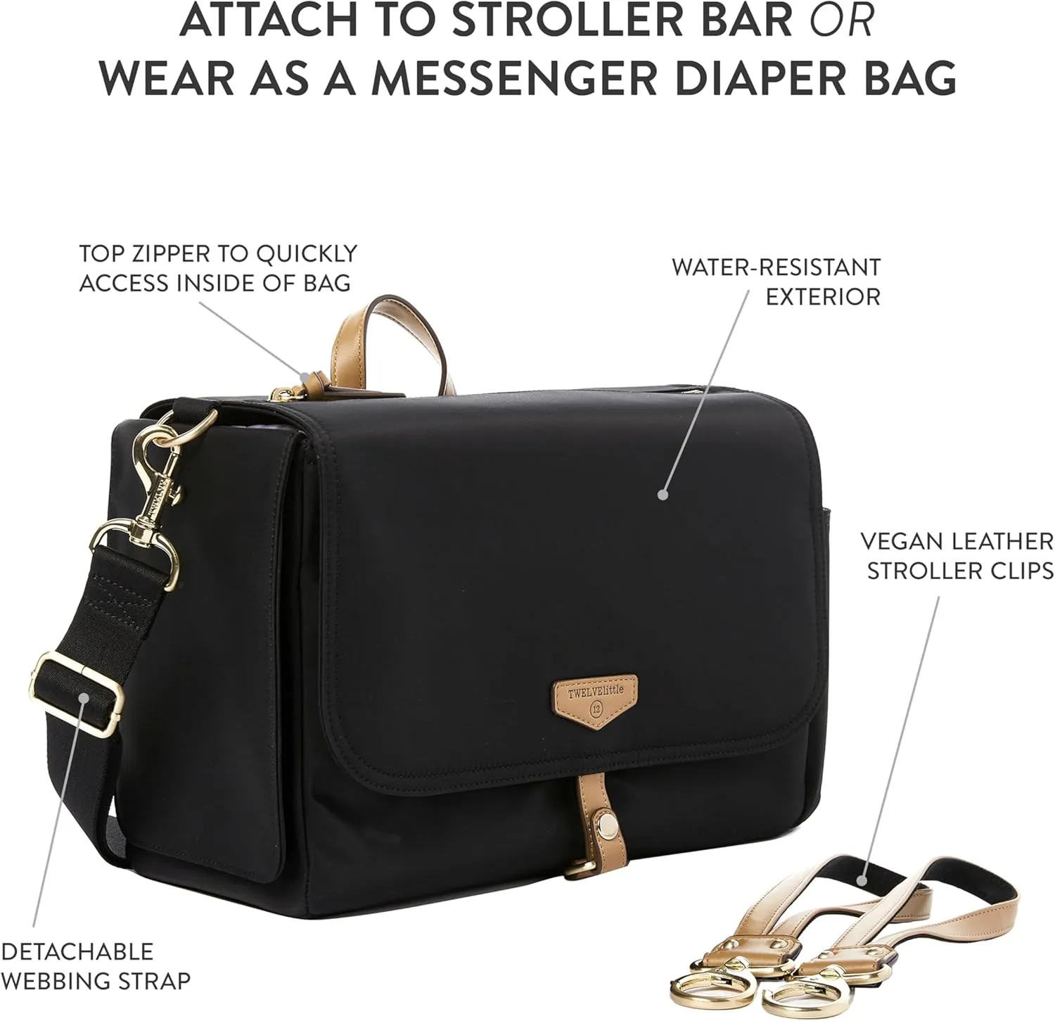 TWELVElittle On-The-Go Stroller Caddy 3.0 - Travel Style Diaper Bag, Messenger Diaper Bag, Includes Stroller Clips and Changing Pad - Black Tan
