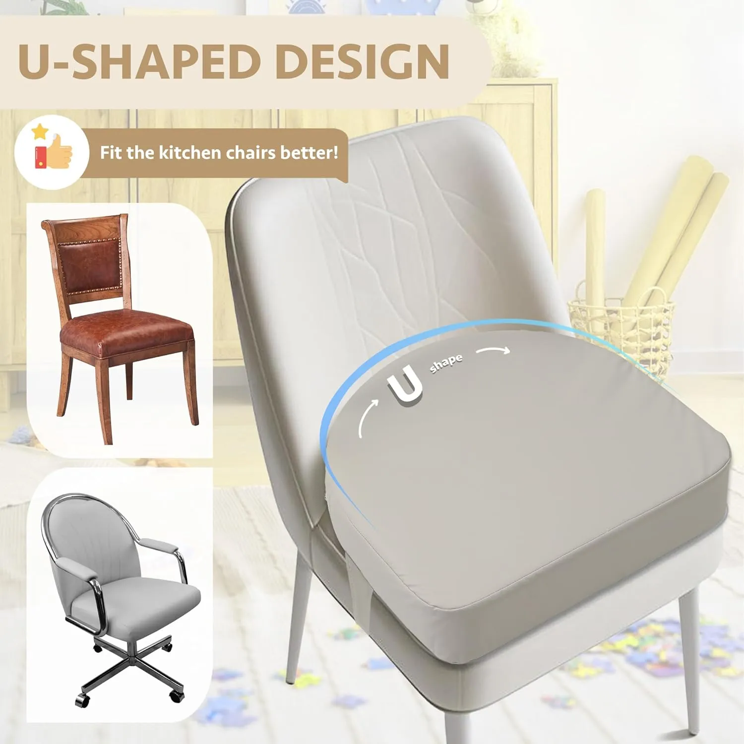 U-Shaped Toddler Booster Seat for Kitchen Chair (Big Size) Dining Table, Portable Waterproof PU Material Kids Booster Seat with Safety Buckles, High Cushion for Travel with Non-Slip Bottom