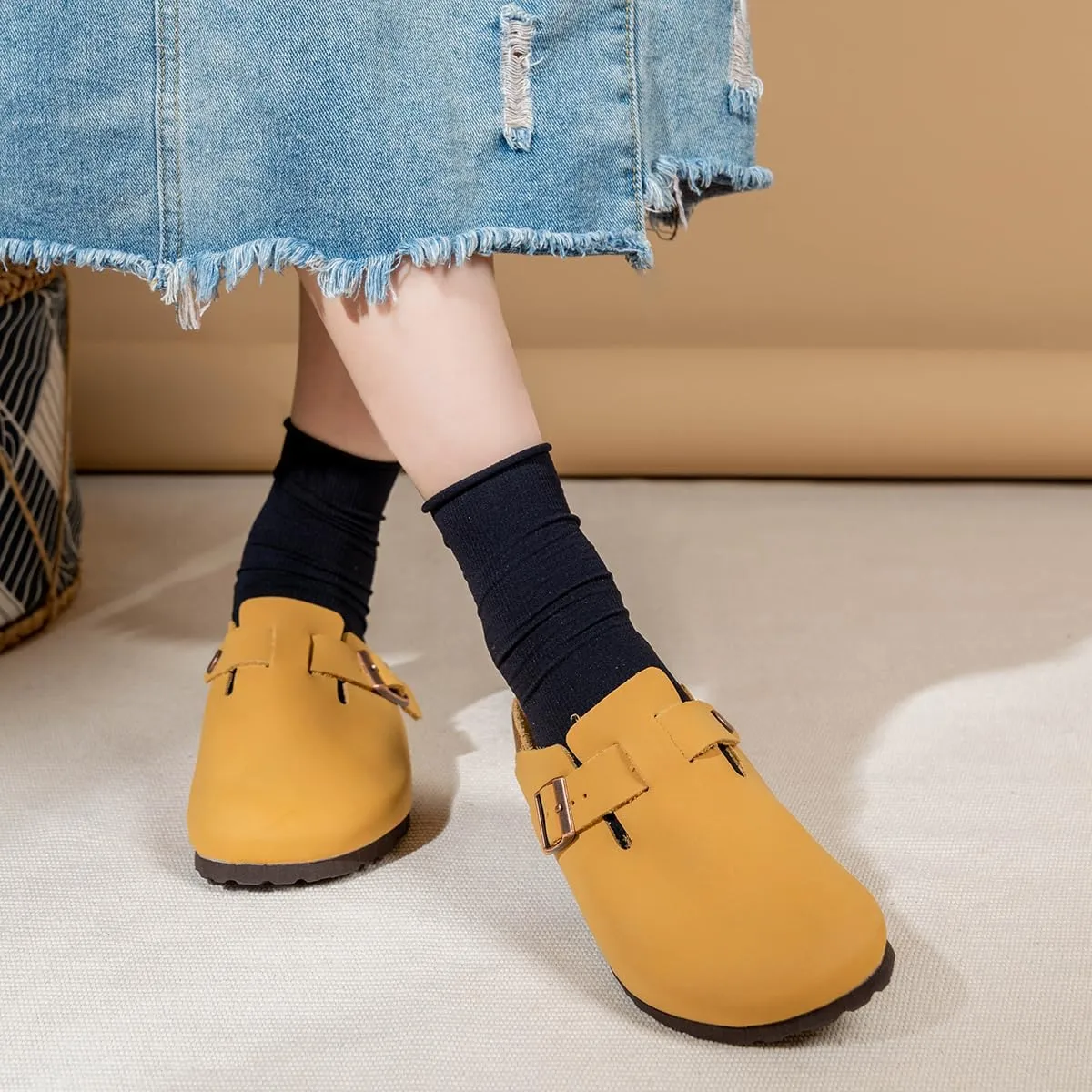Unisex Cork Clogs and Mules,Soft Smoonth Leather Women/Men Sandal House Slipper,Skin-Friendly and Comfortable Footbed Suede Slippers,Arch Support,Adjustable Buckle