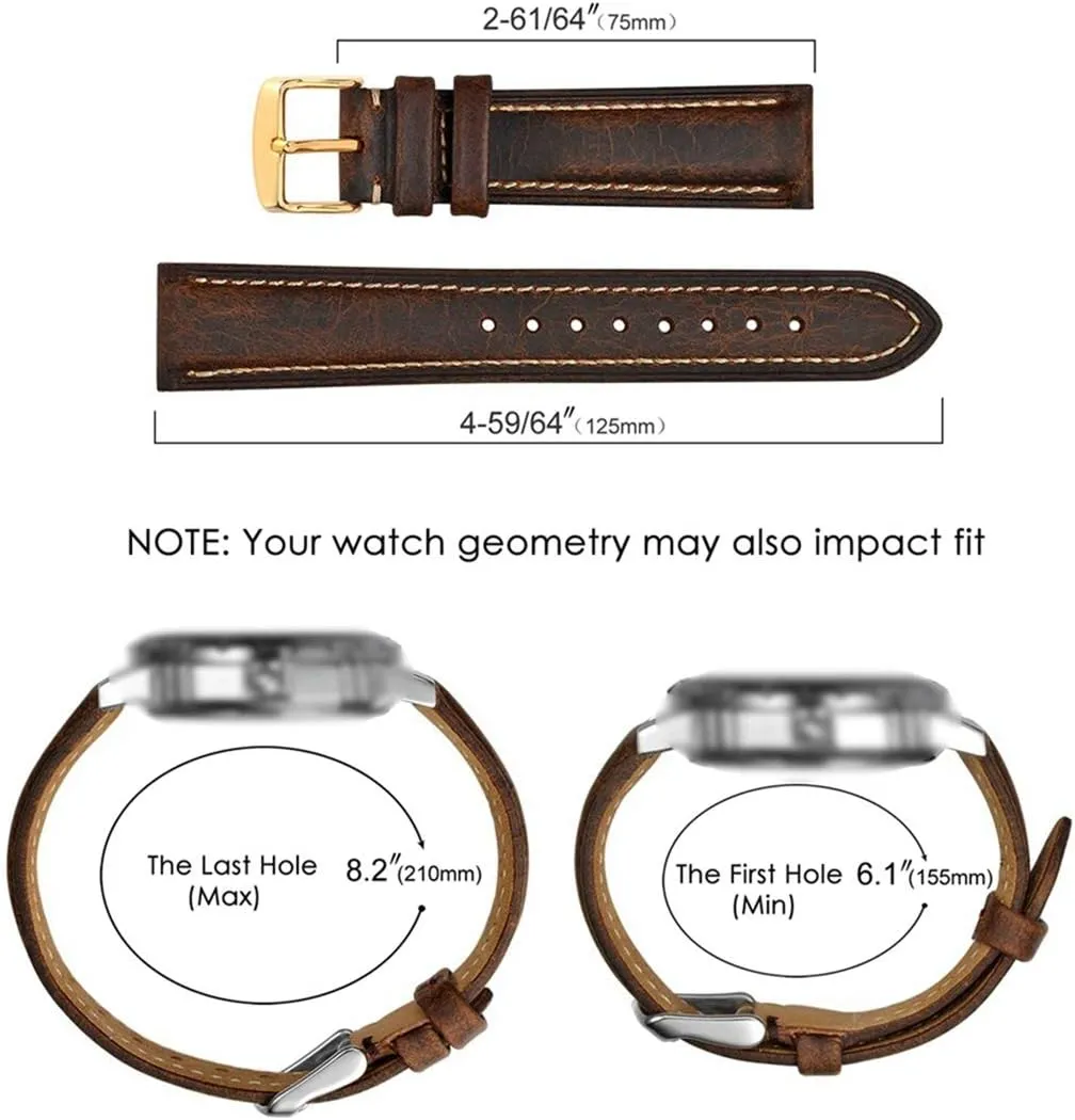 Universal Strap,18mm/20mm/22mm Watch Band Genuine Leather Men Watch Strap Retro Vintage Replacement Gold Pin Buckle Watch Strap