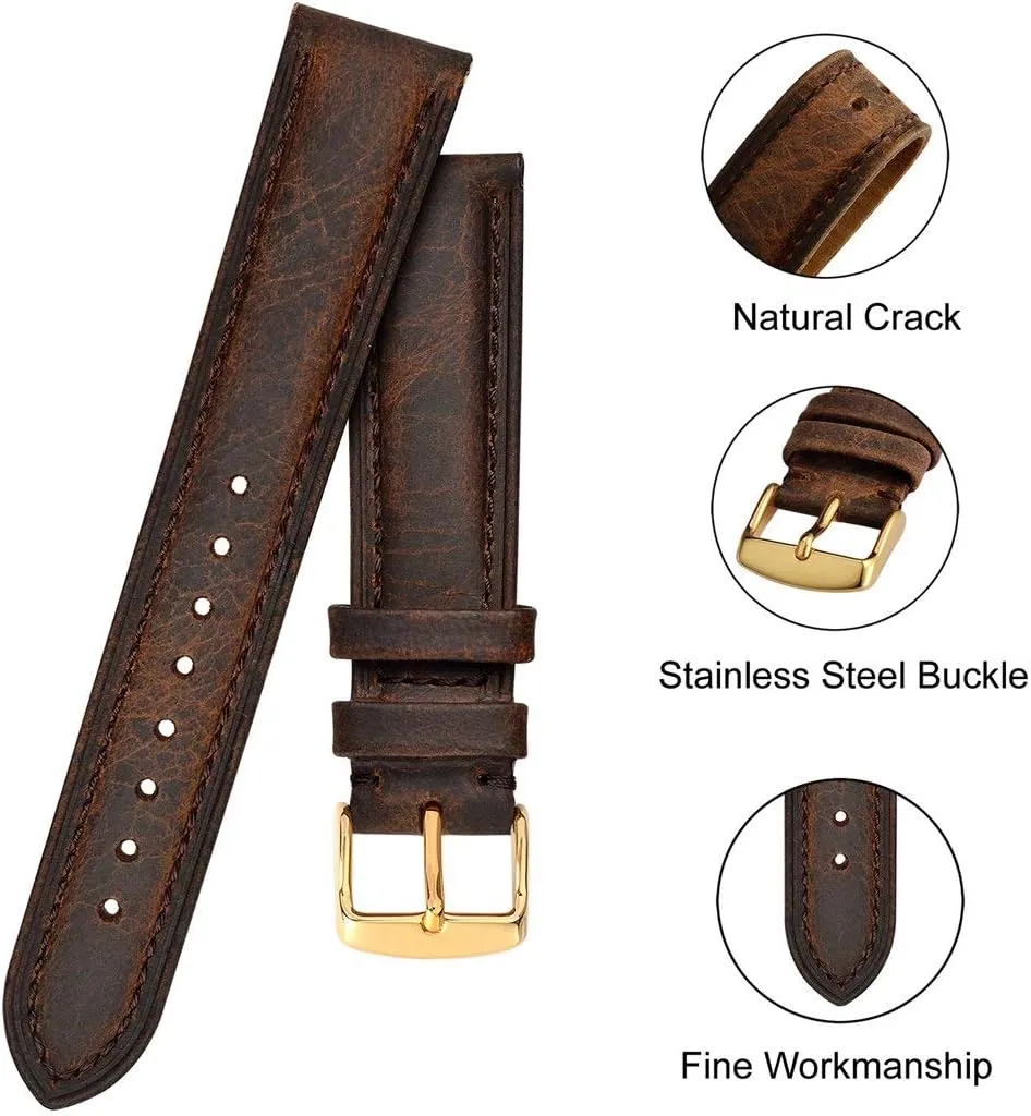 Universal Strap,18mm/20mm/22mm Watch Band Genuine Leather Men Watch Strap Retro Vintage Replacement Gold Pin Buckle Watch Strap