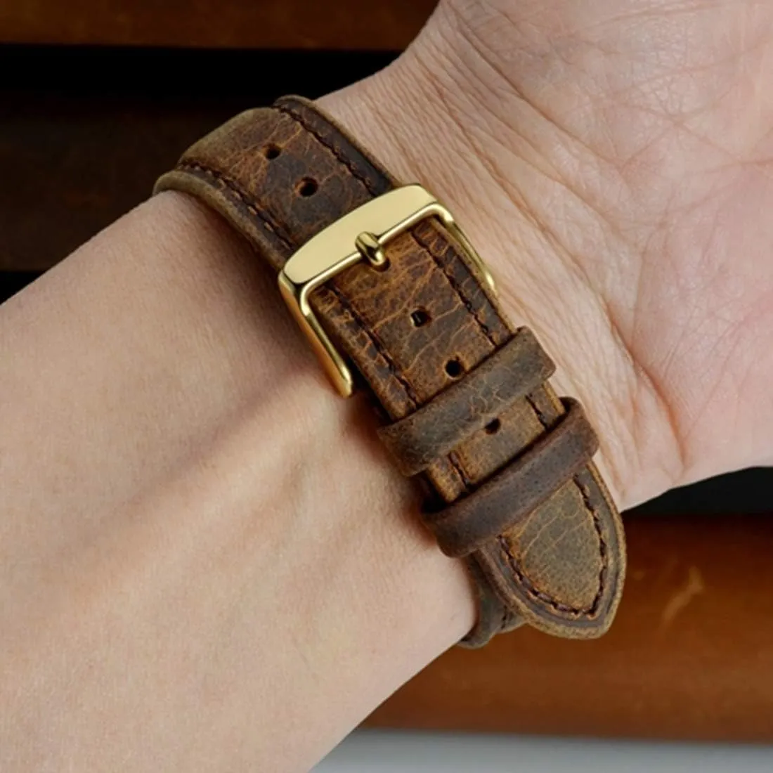 Universal Strap,18mm/20mm/22mm Watch Band Genuine Leather Men Watch Strap Retro Vintage Replacement Gold Pin Buckle Watch Strap