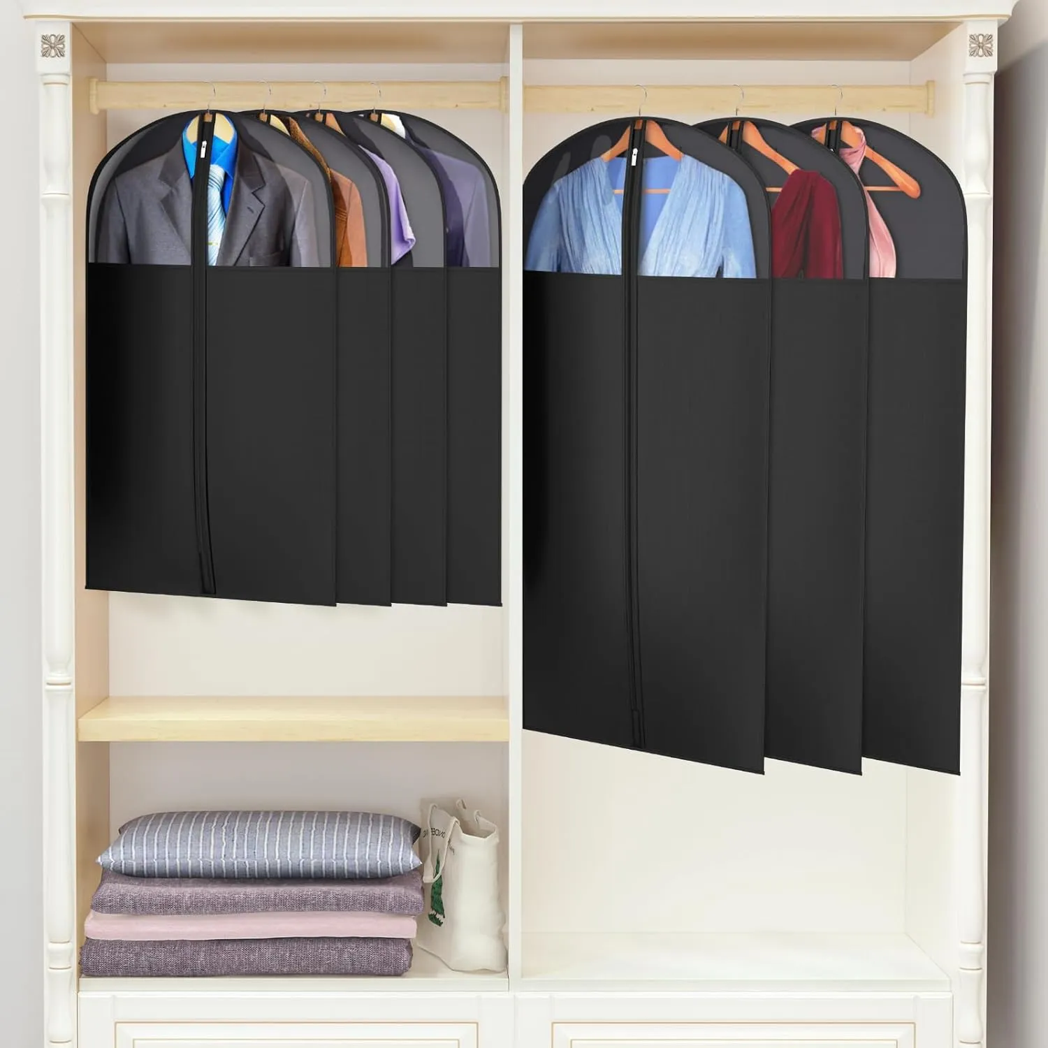Univivi Long Garment Bags for Hanging Clothes, 54" Dress Bags for Gowns Long for Closet Storage with Large Visible Window for Long Suits, Coats, Dresses, 2 Pack, Black