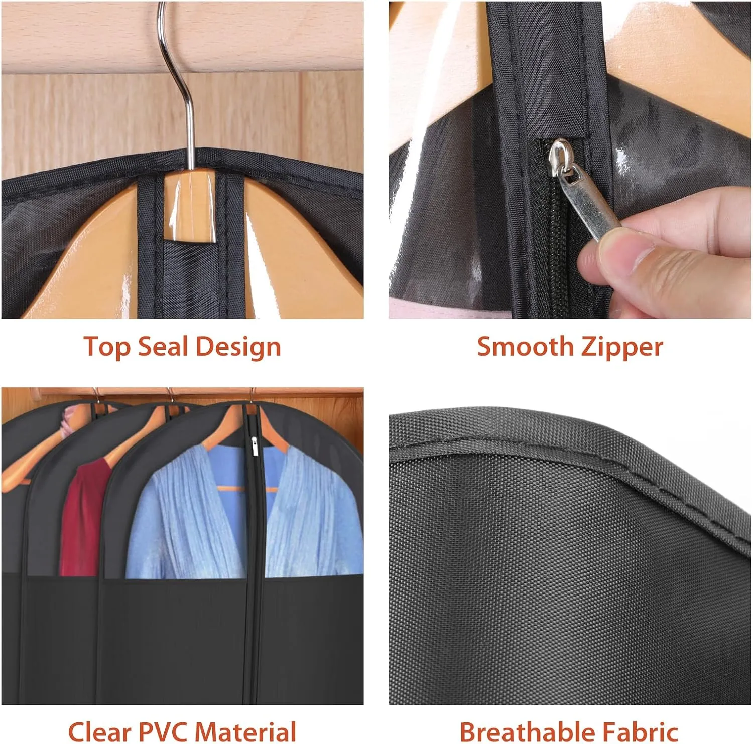 Univivi Long Garment Bags for Hanging Clothes, 54" Dress Bags for Gowns Long for Closet Storage with Large Visible Window for Long Suits, Coats, Dresses, 2 Pack, Black