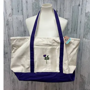 Upcycled Embroidered Purple Rose Full Zip Top Cotton Canvas Tote Bag Pocket