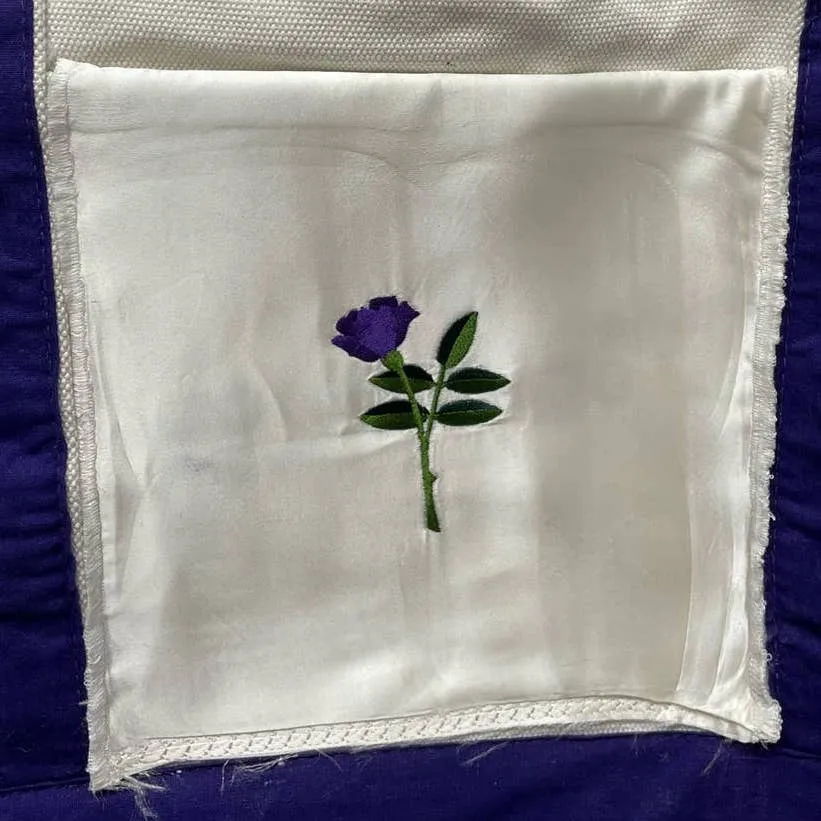 Upcycled Embroidered Purple Rose Full Zip Top Cotton Canvas Tote Bag Pocket