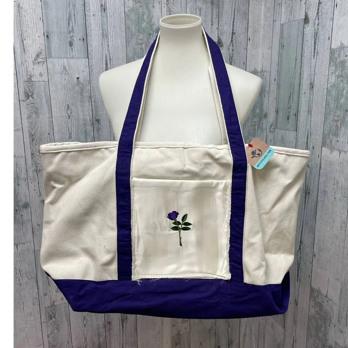 Upcycled Embroidered Purple Rose Full Zip Top Cotton Canvas Tote Bag Pocket